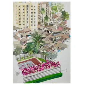 ORIGINAL WATERCOLOUR 'OVER THE GARDEN WALL' IN INDIA - ANDREW LOGAN 2006