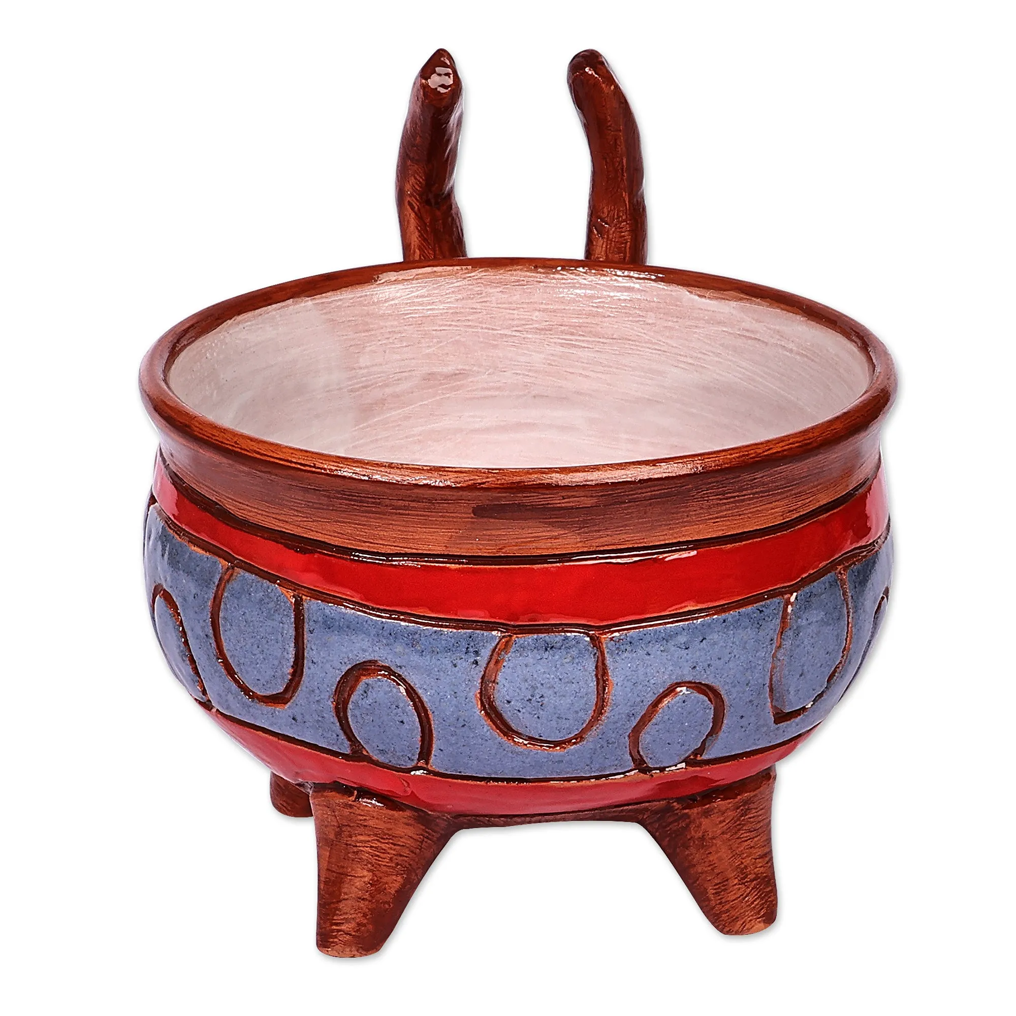 Painted Bull-Themed Brown and Blue Ceramic Decorative Bowl - Serene Horns | NOVICA