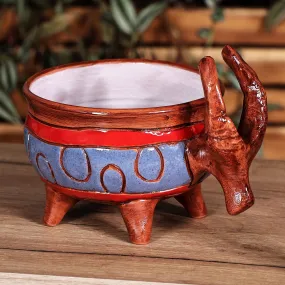 Painted Bull-Themed Brown and Blue Ceramic Decorative Bowl - Serene Horns | NOVICA