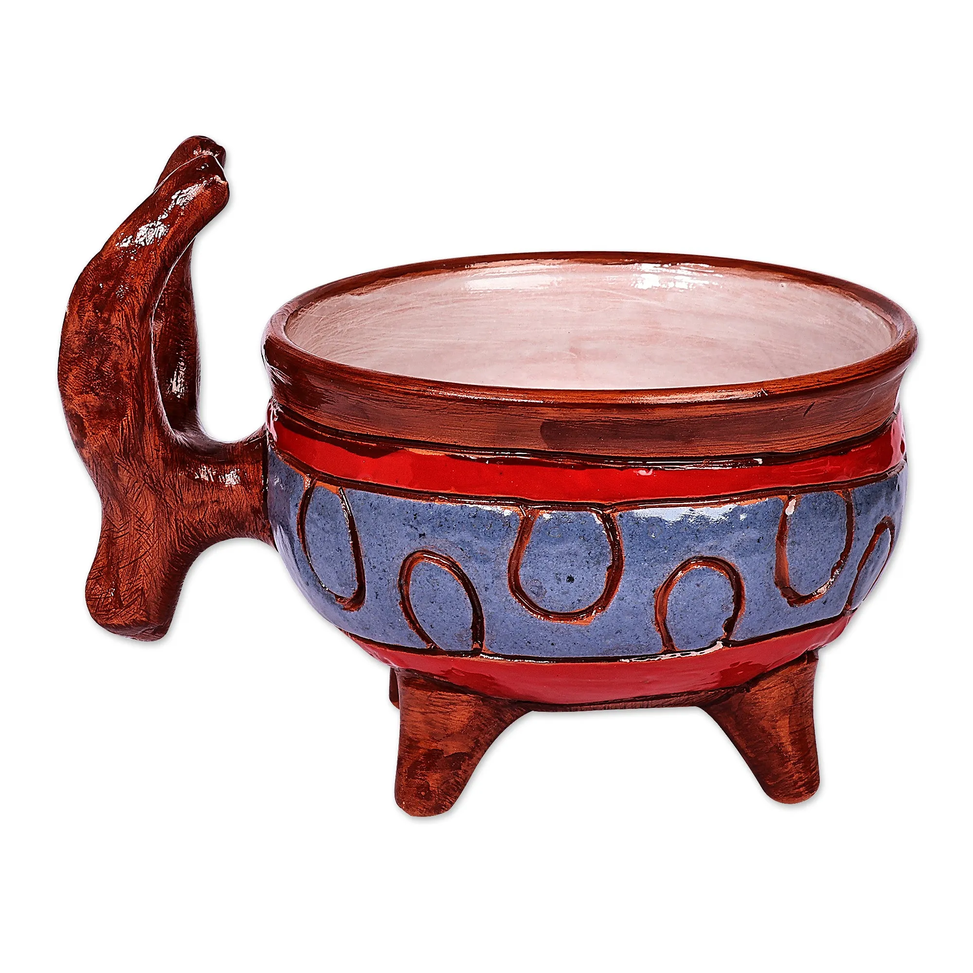 Painted Bull-Themed Brown and Blue Ceramic Decorative Bowl - Serene Horns | NOVICA