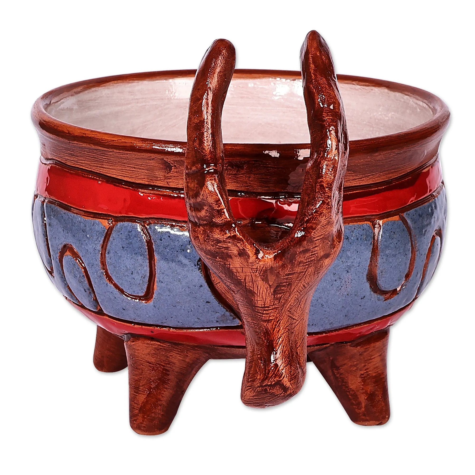 Painted Bull-Themed Brown and Blue Ceramic Decorative Bowl - Serene Horns | NOVICA