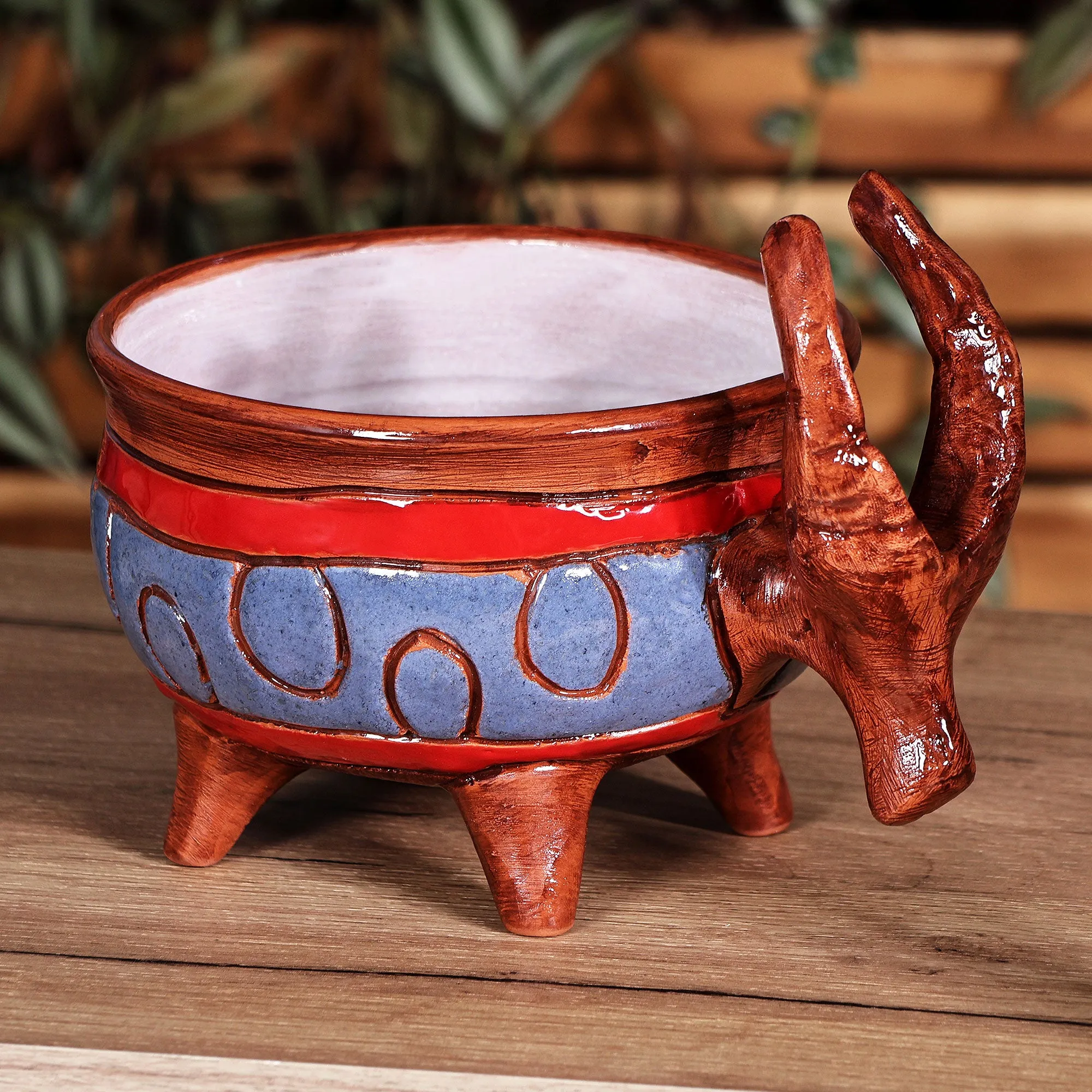 Painted Bull-Themed Brown and Blue Ceramic Decorative Bowl - Serene Horns | NOVICA