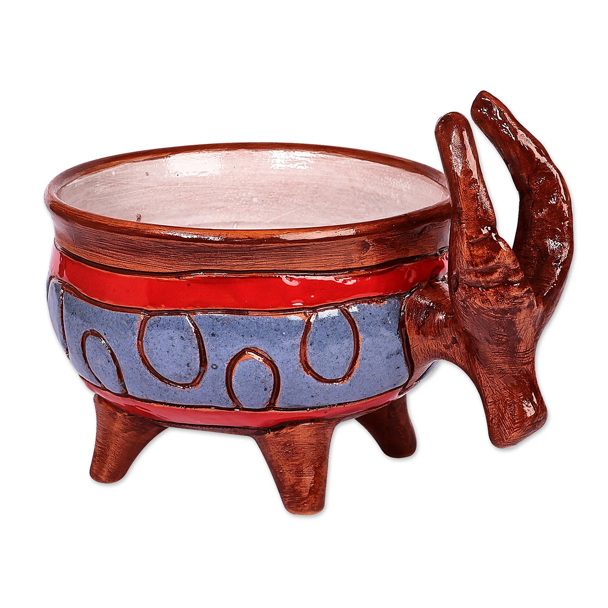 Painted Bull-Themed Brown and Blue Ceramic Decorative Bowl - Serene Horns | NOVICA
