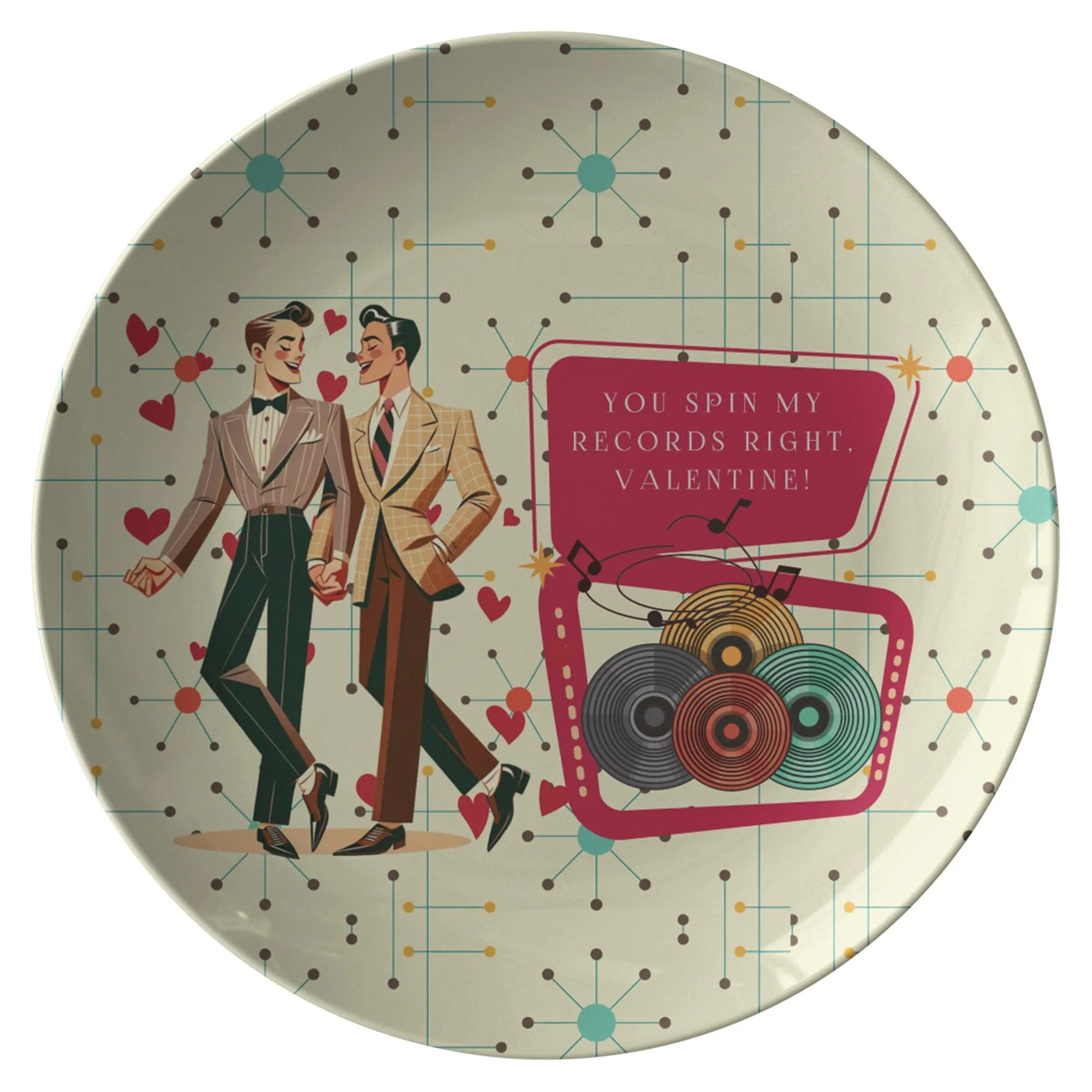 Retro Vinyl Gents Dinner Plate, Gay Couple Valentine Dish, Mid Century Modern Record Design Plate