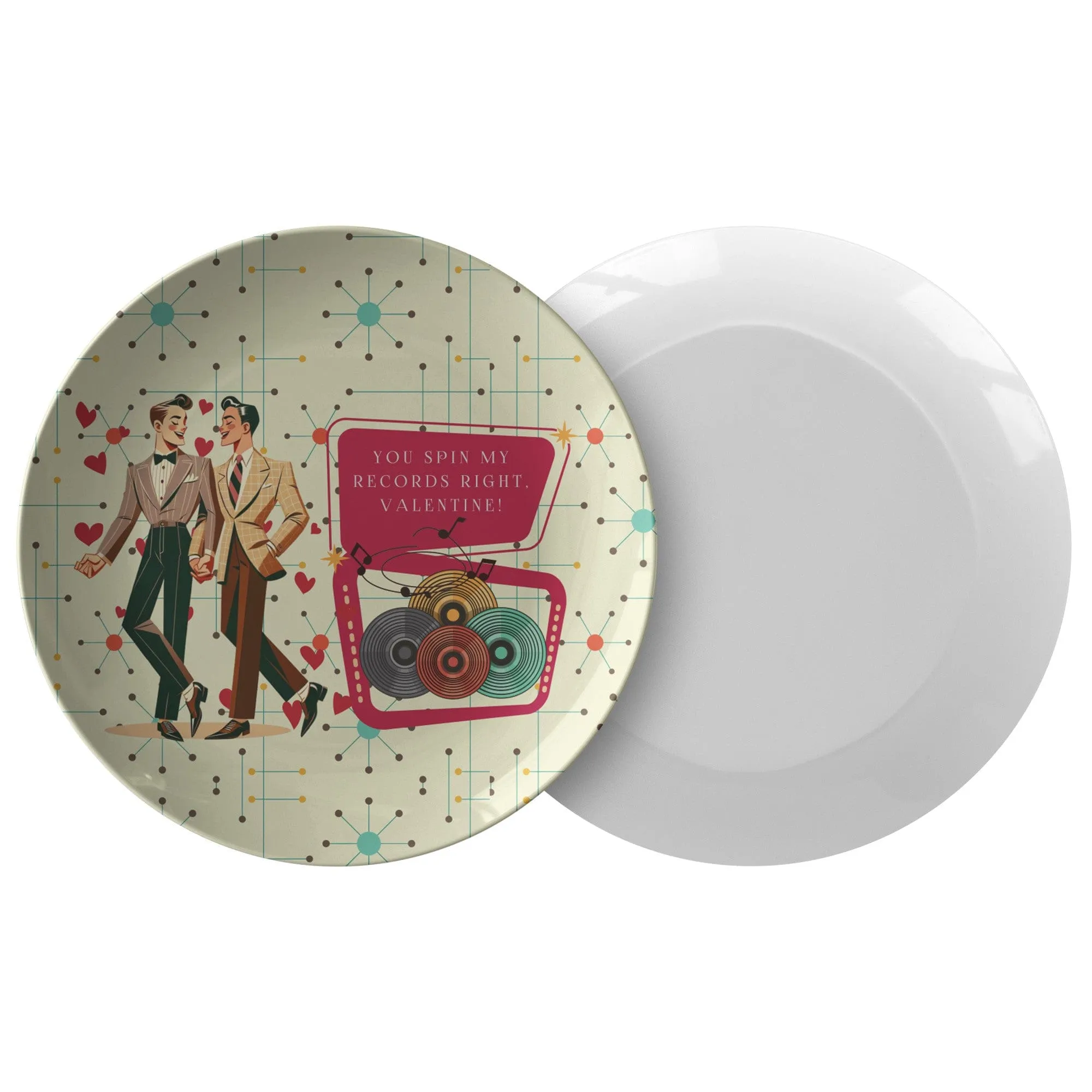 Retro Vinyl Gents Dinner Plate, Gay Couple Valentine Dish, Mid Century Modern Record Design Plate