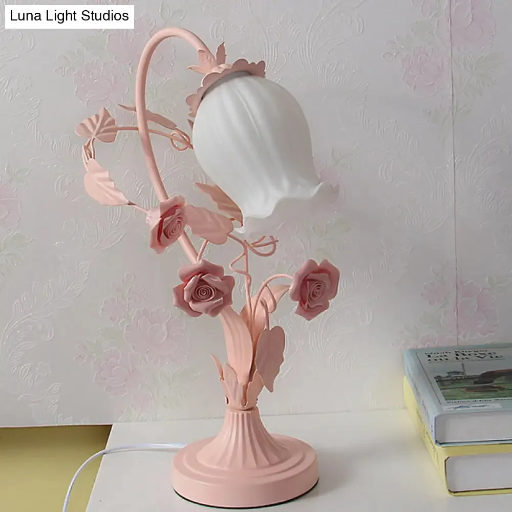 Romantic Pastoral Scalloped Opal Glass Table Light with Rose Accents - Pink/Blue/White Options
