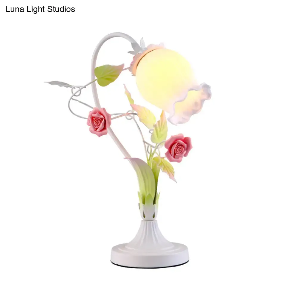 Romantic Pastoral Scalloped Opal Glass Table Light with Rose Accents - Pink/Blue/White Options