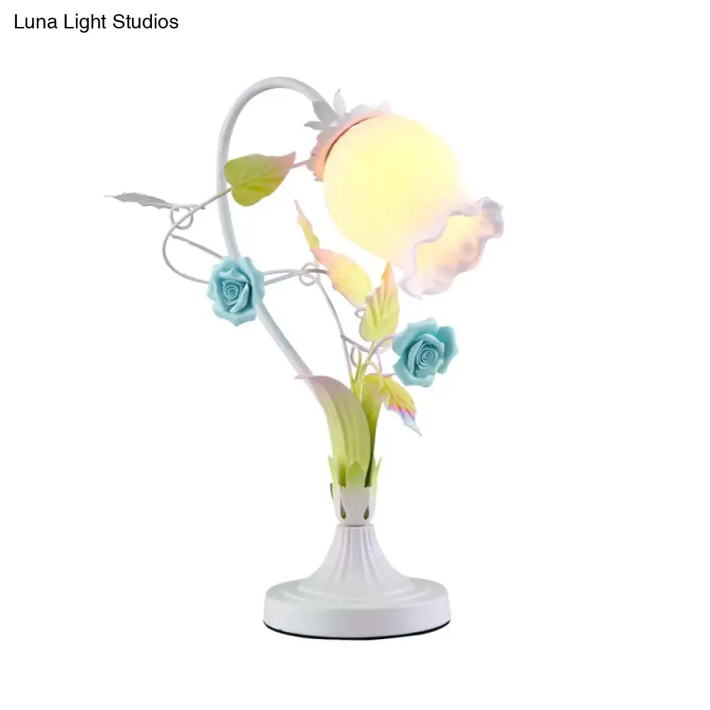 Romantic Pastoral Scalloped Opal Glass Table Light with Rose Accents - Pink/Blue/White Options