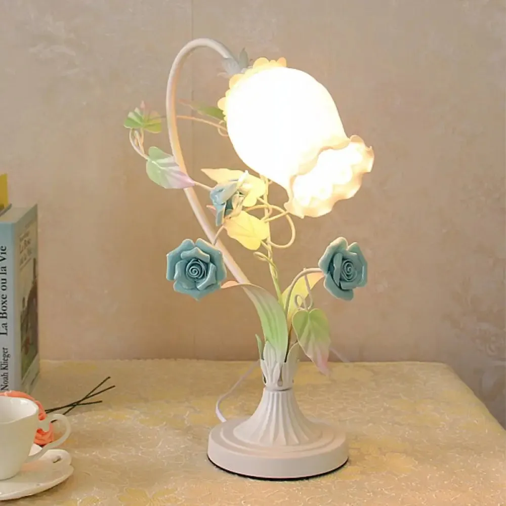 Romantic Pastoral Scalloped Opal Glass Table Light with Rose Accents - Pink/Blue/White Options