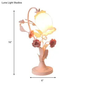 Romantic Pastoral Scalloped Opal Glass Table Light with Rose Accents - Pink/Blue/White Options