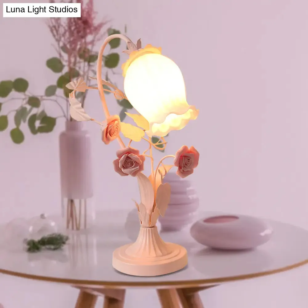 Romantic Pastoral Scalloped Opal Glass Table Light with Rose Accents - Pink/Blue/White Options