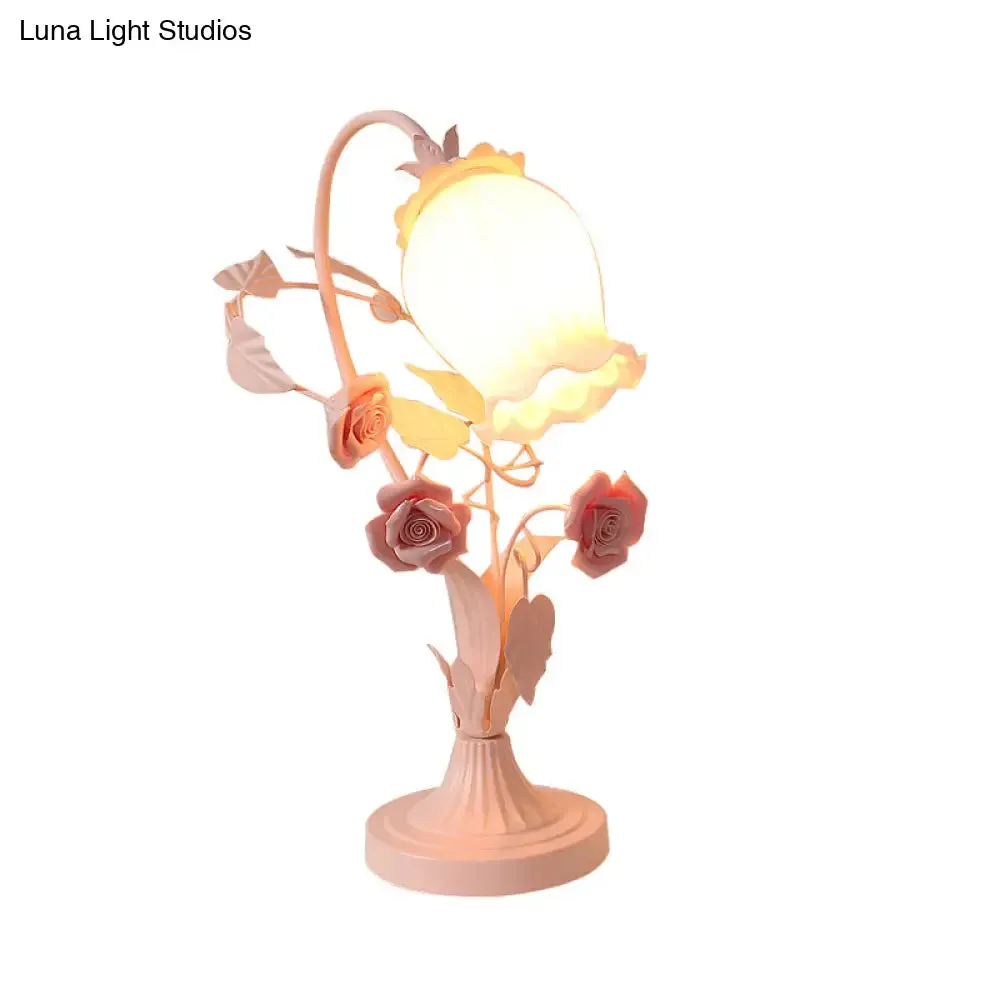 Romantic Pastoral Scalloped Opal Glass Table Light with Rose Accents - Pink/Blue/White Options