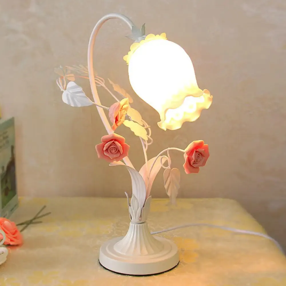 Romantic Pastoral Scalloped Opal Glass Table Light with Rose Accents - Pink/Blue/White Options