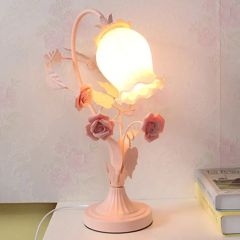 Romantic Pastoral Scalloped Opal Glass Table Light with Rose Accents - Pink/Blue/White Options