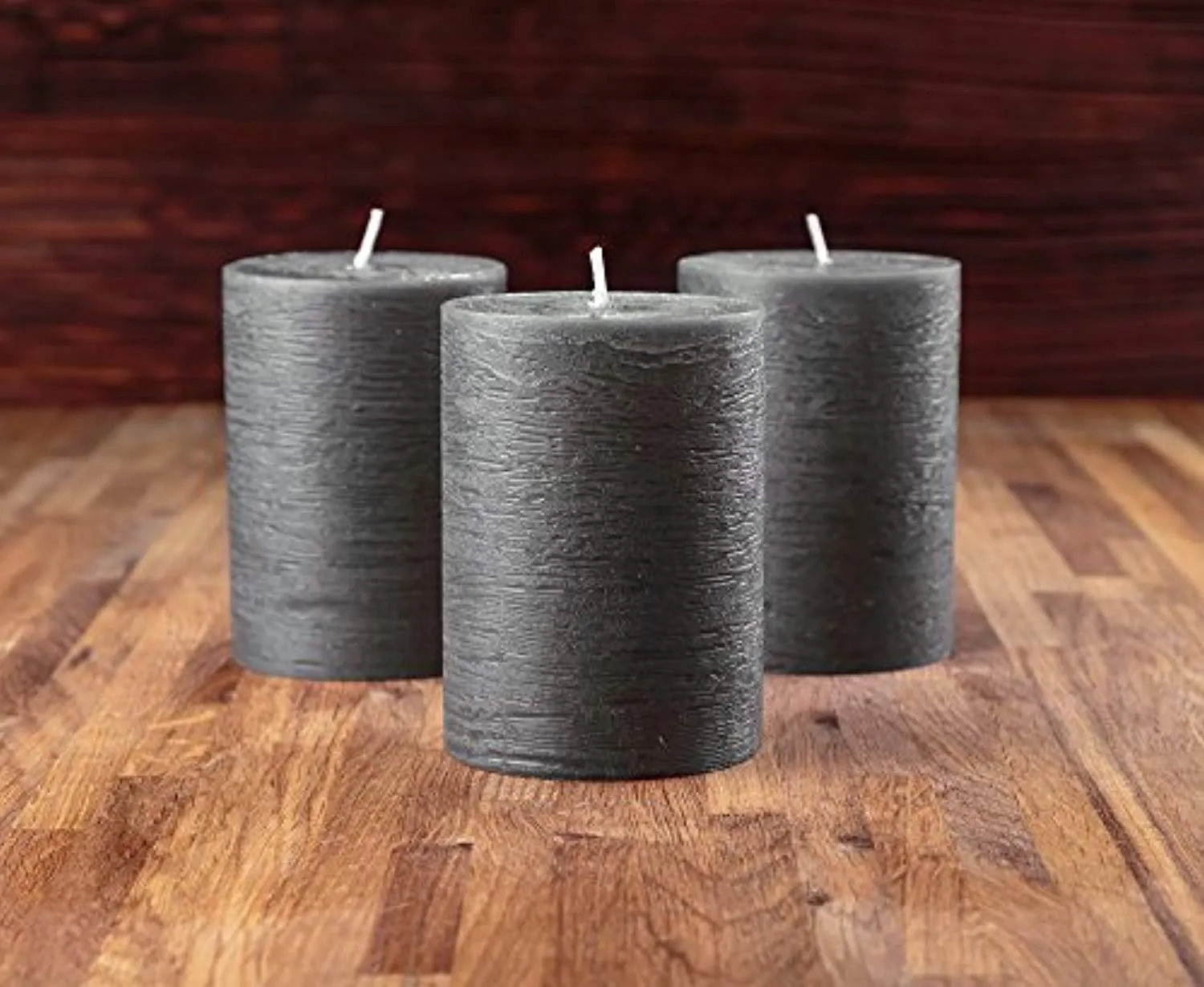 Set of 3 Charcoal Pillar Candles Dark Grey 3" x 4" Gray Rustic Unscented Dripless