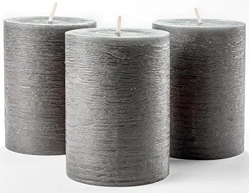 Set of 3 Charcoal Pillar Candles Dark Grey 3" x 4" Gray Rustic Unscented Dripless