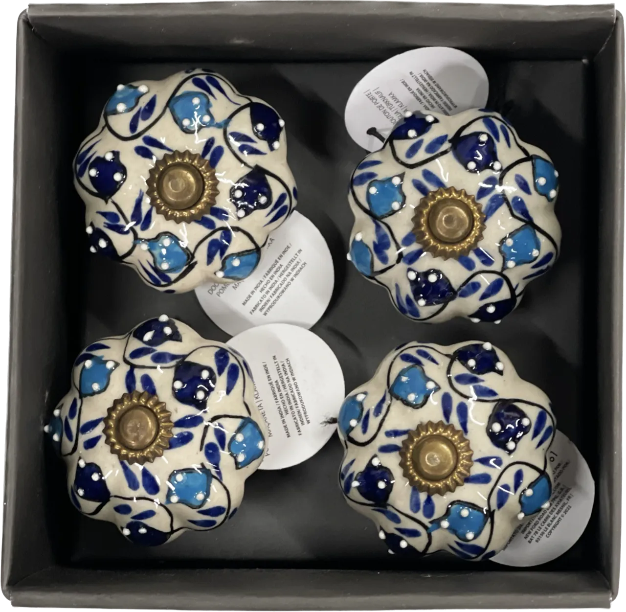 Set of 4 Hand Painted Ceramic Cabinet,Drawer Knobs/Waedrobe Pulls, Blue/White (HH5738-4)