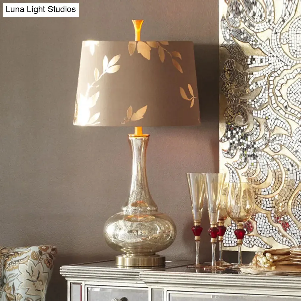Silver Glass Night Table Lamp with Print Fabric Shade - Elegant Lighting for Living Room Ambiance