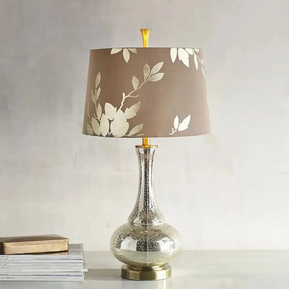 Silver Glass Night Table Lamp with Print Fabric Shade - Elegant Lighting for Living Room Ambiance
