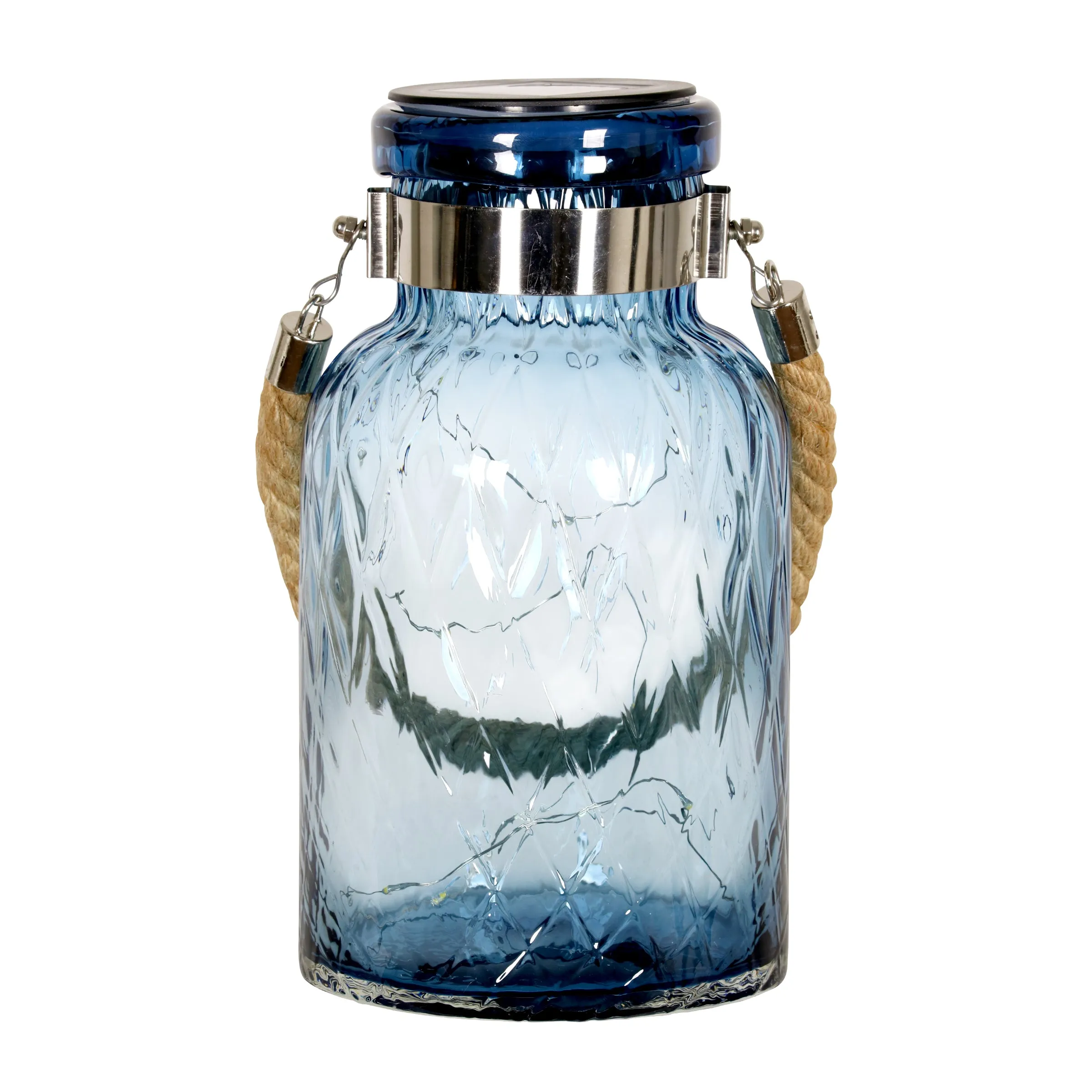 Solar Diamond Glass Accent Lantern with Rope Handle and Twelve LED Lights in Sapphire Blue, 10.5 Inches