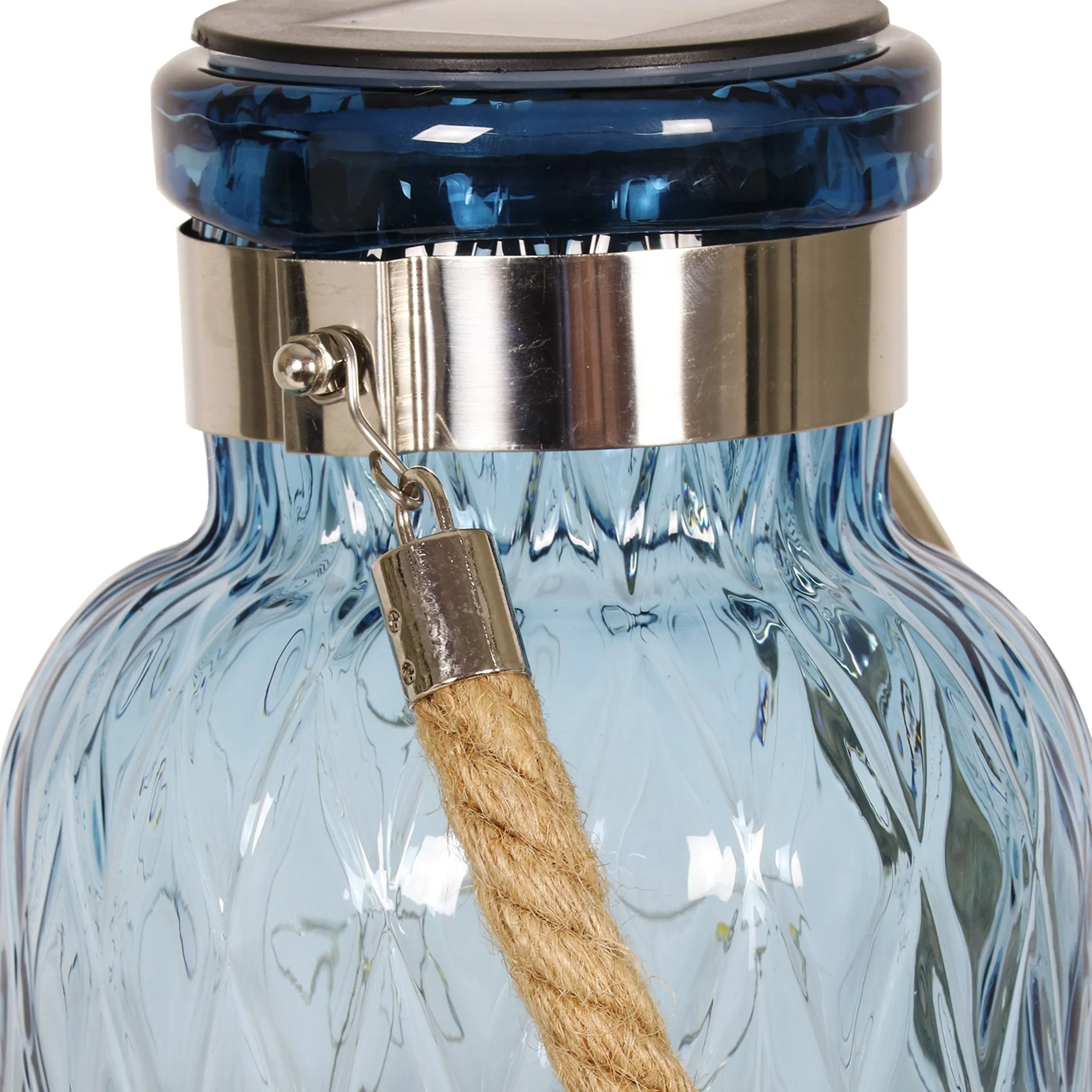 Solar Diamond Glass Accent Lantern with Rope Handle and Twelve LED Lights in Sapphire Blue, 10.5 Inches
