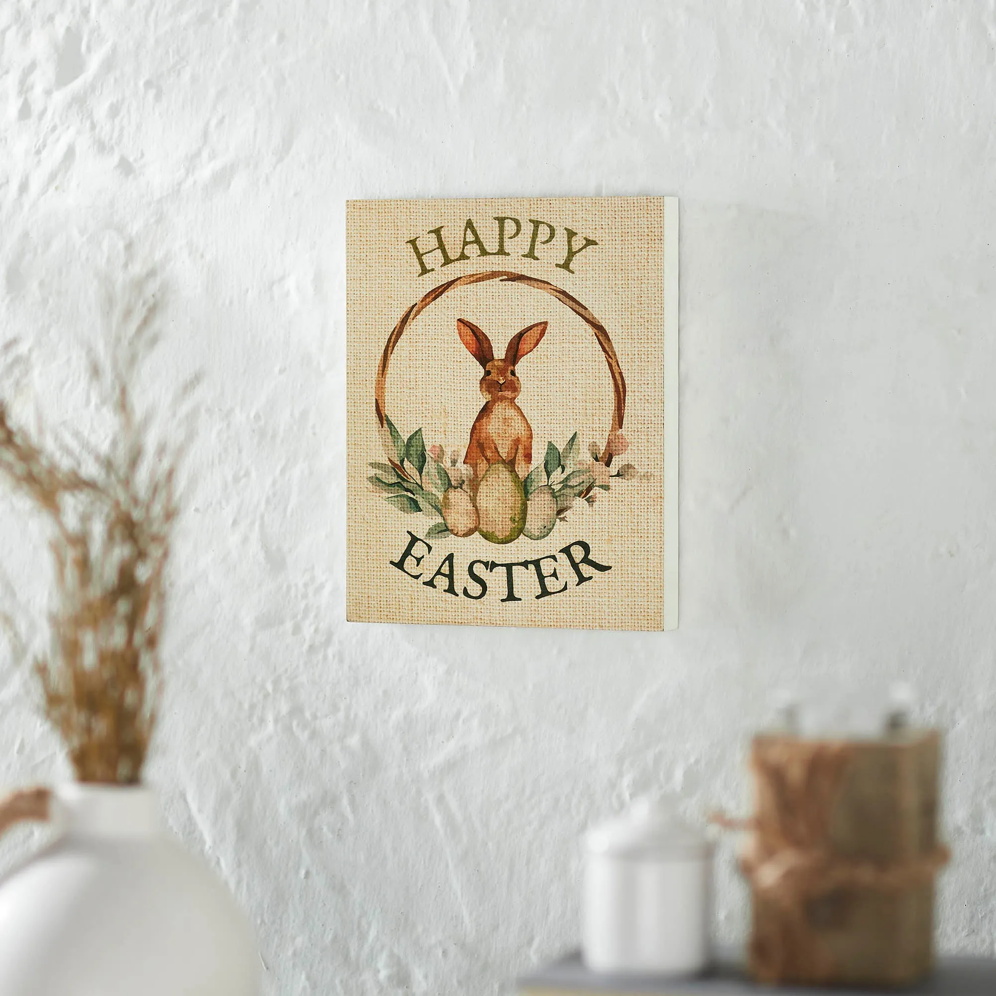 Spring In Bloom Happy Easter Bunny & Eggs In Wreath MDF Wall Sign 10x8x1