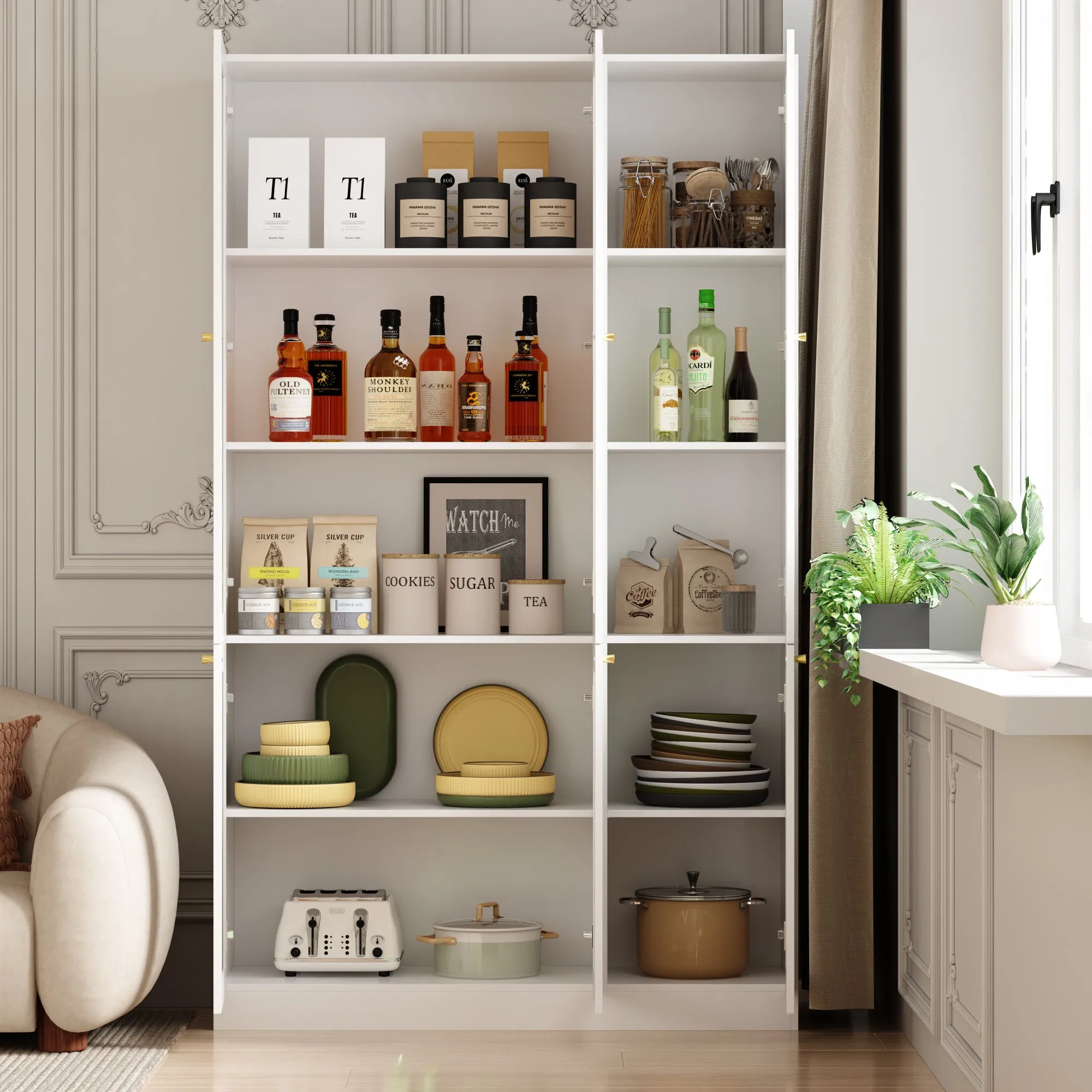 Tall Bookshelf with 6 Glass Doors and Gold Conical Handles