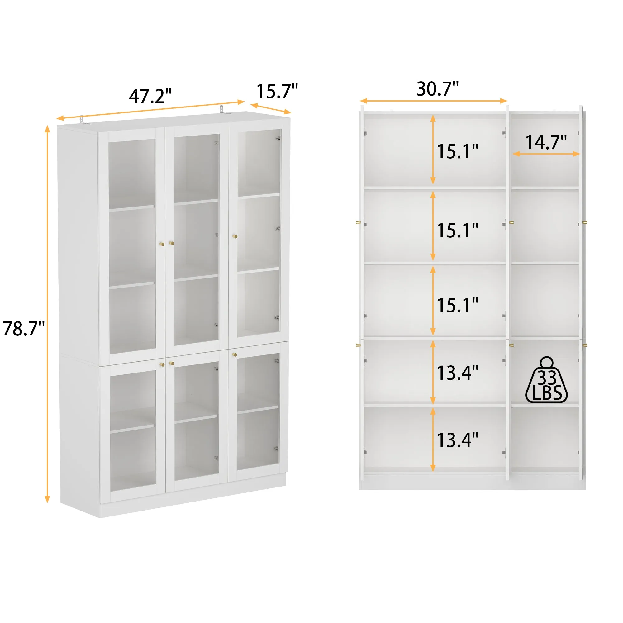 Tall Bookshelf with 6 Glass Doors and Gold Conical Handles