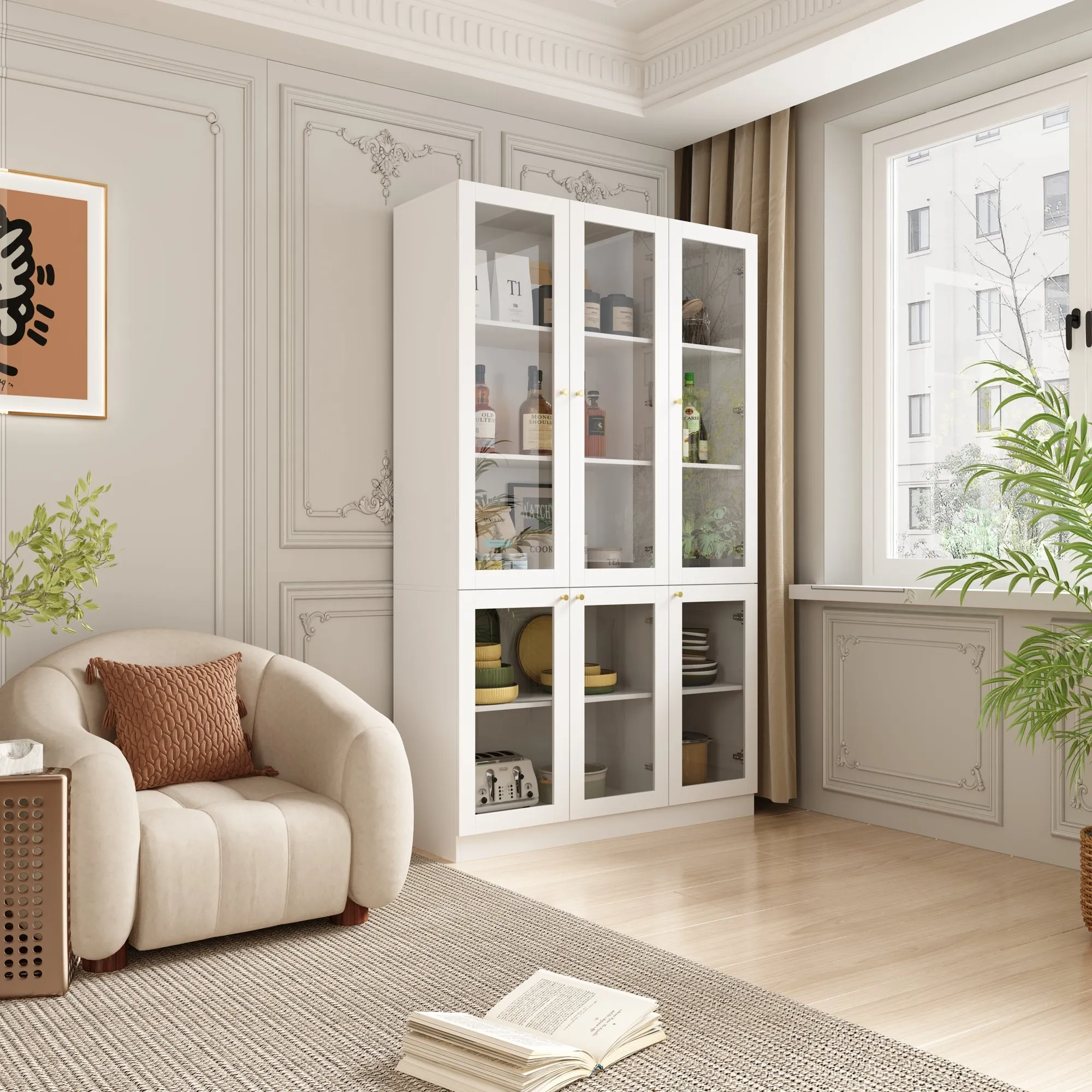 Tall Bookshelf with 6 Glass Doors and Gold Conical Handles