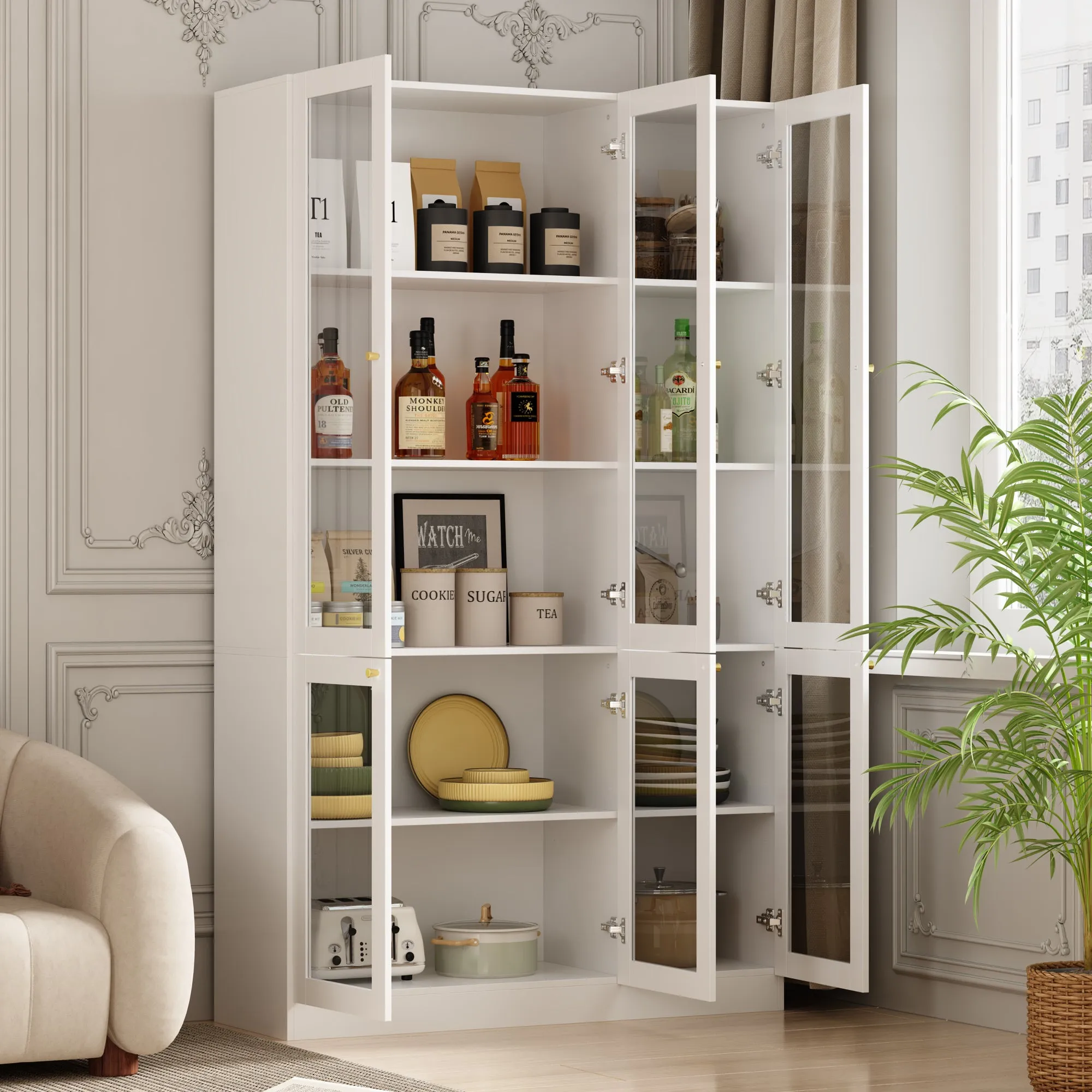Tall Bookshelf with 6 Glass Doors and Gold Conical Handles