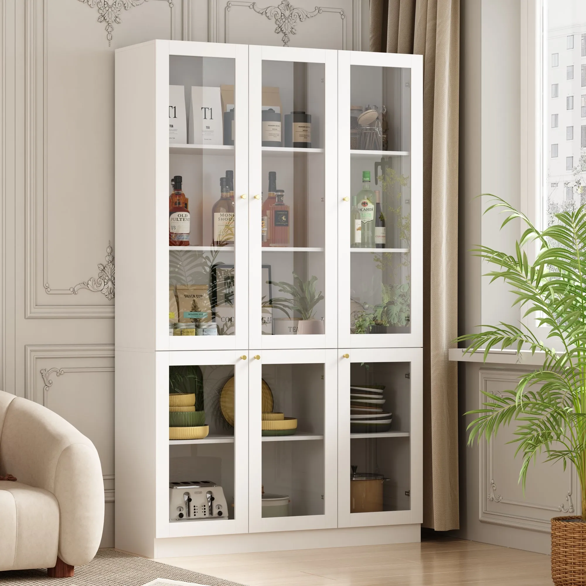 Tall Bookshelf with 6 Glass Doors and Gold Conical Handles