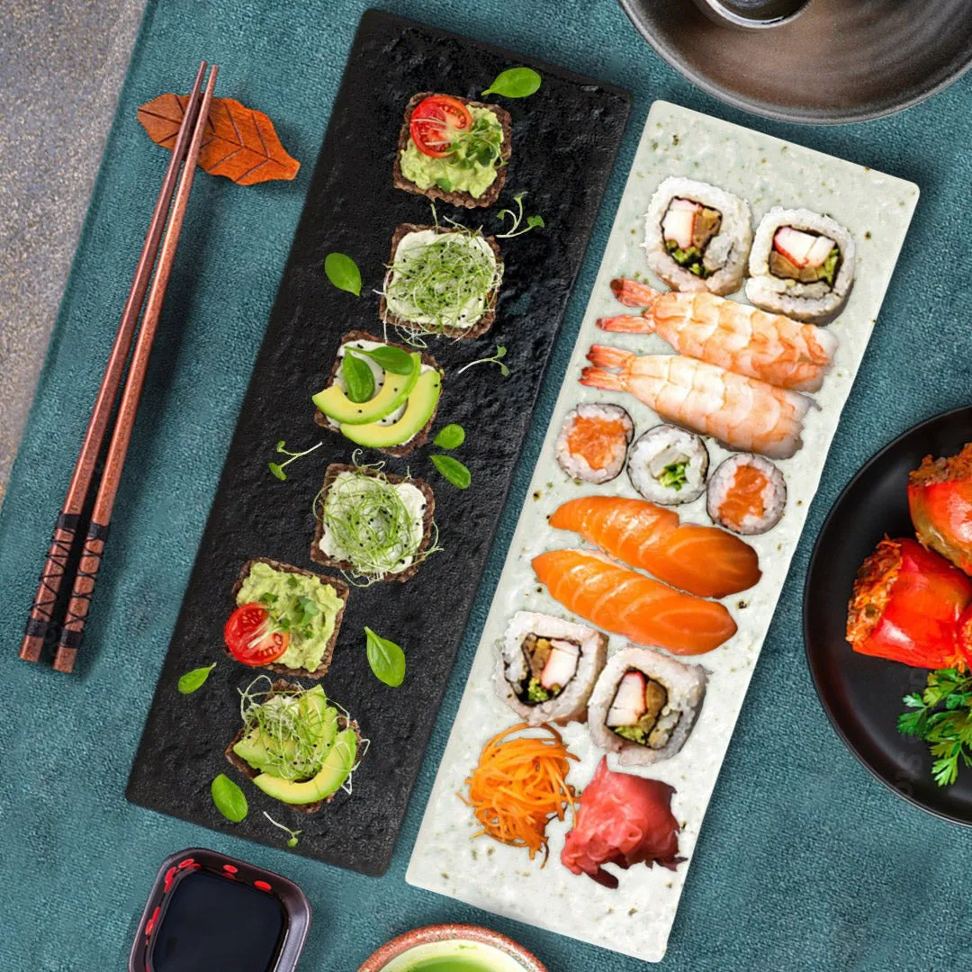 TIKUSAN Serving Platters, Sushi Plate Set of 2, Rectangle Plates Made in Japan, Ceramic Plates for Dinner Party Restaurant for Appetizer, Meat, Dessert(Black)