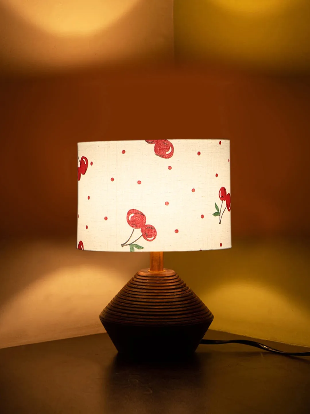 Trendy Cotton Table Lamp with Wood Natural Base | 7 x 12 inches