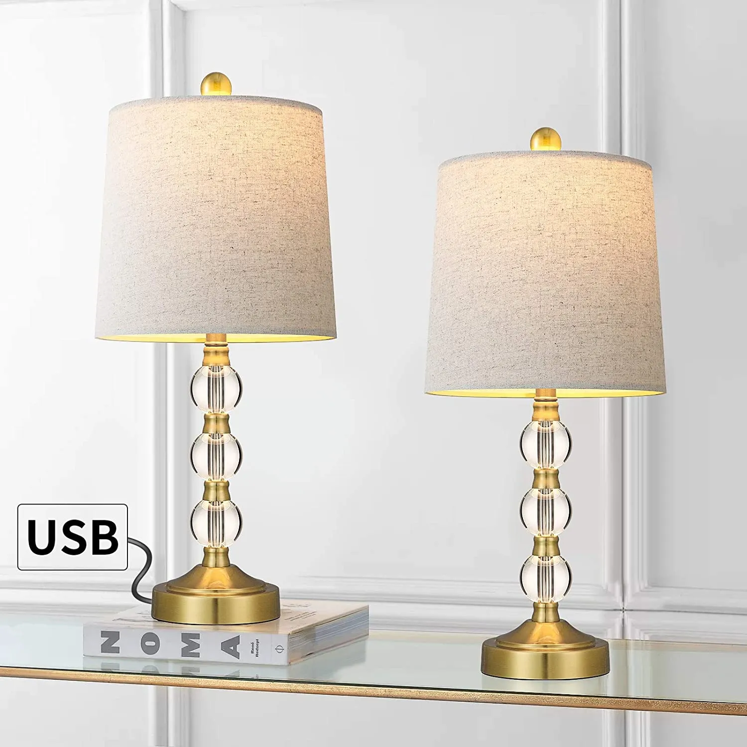 USB Table Lamps Set of 2 Accent Antique Brass