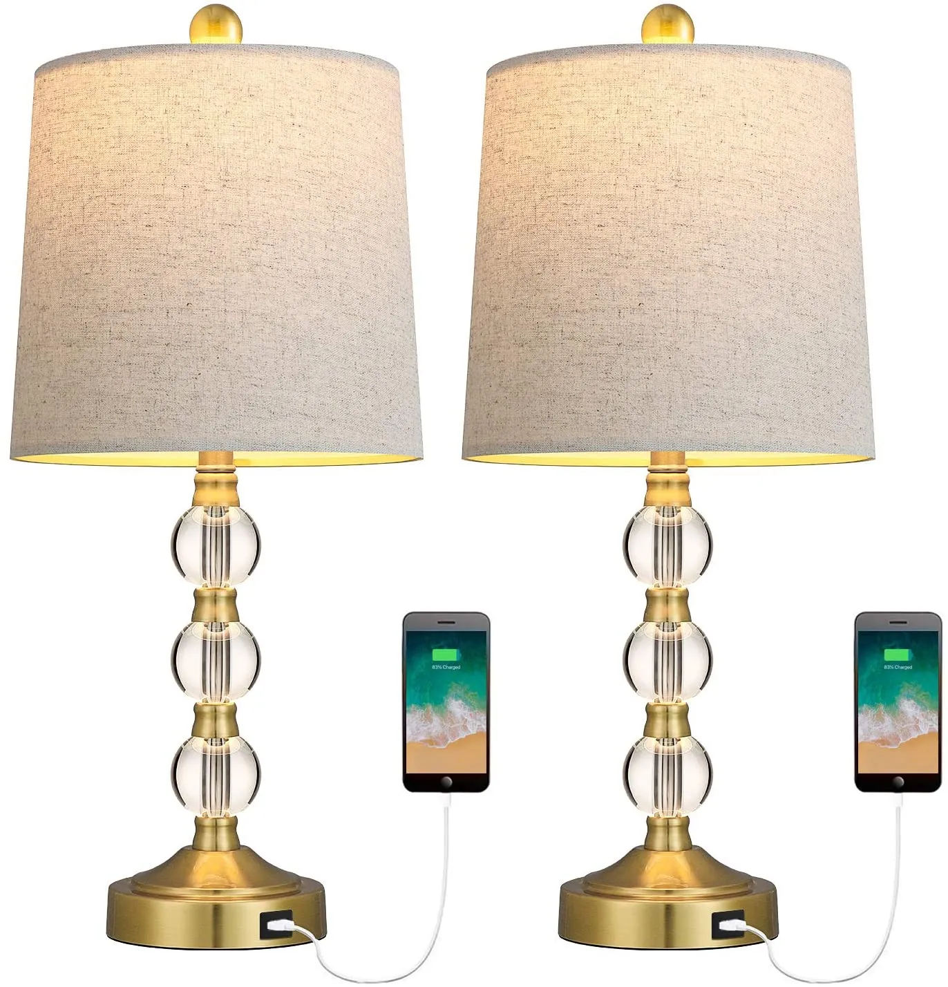 USB Table Lamps Set of 2 Accent Antique Brass
