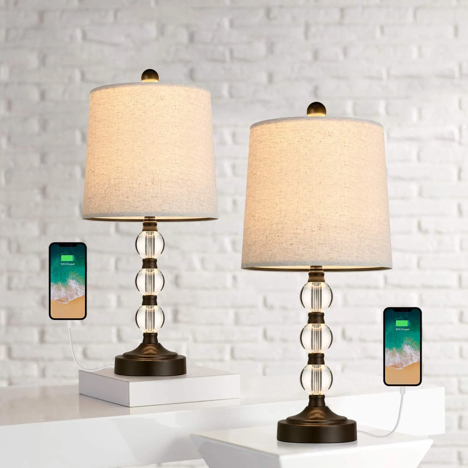 USB Table Lamps Set of 2 Accent Antique Brass