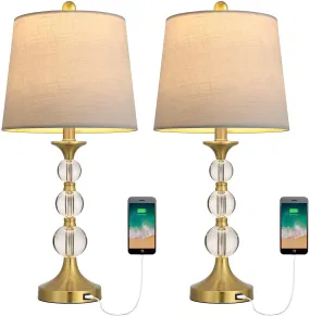 USB Table Lamps Set of 2 Accent Antique Brass
