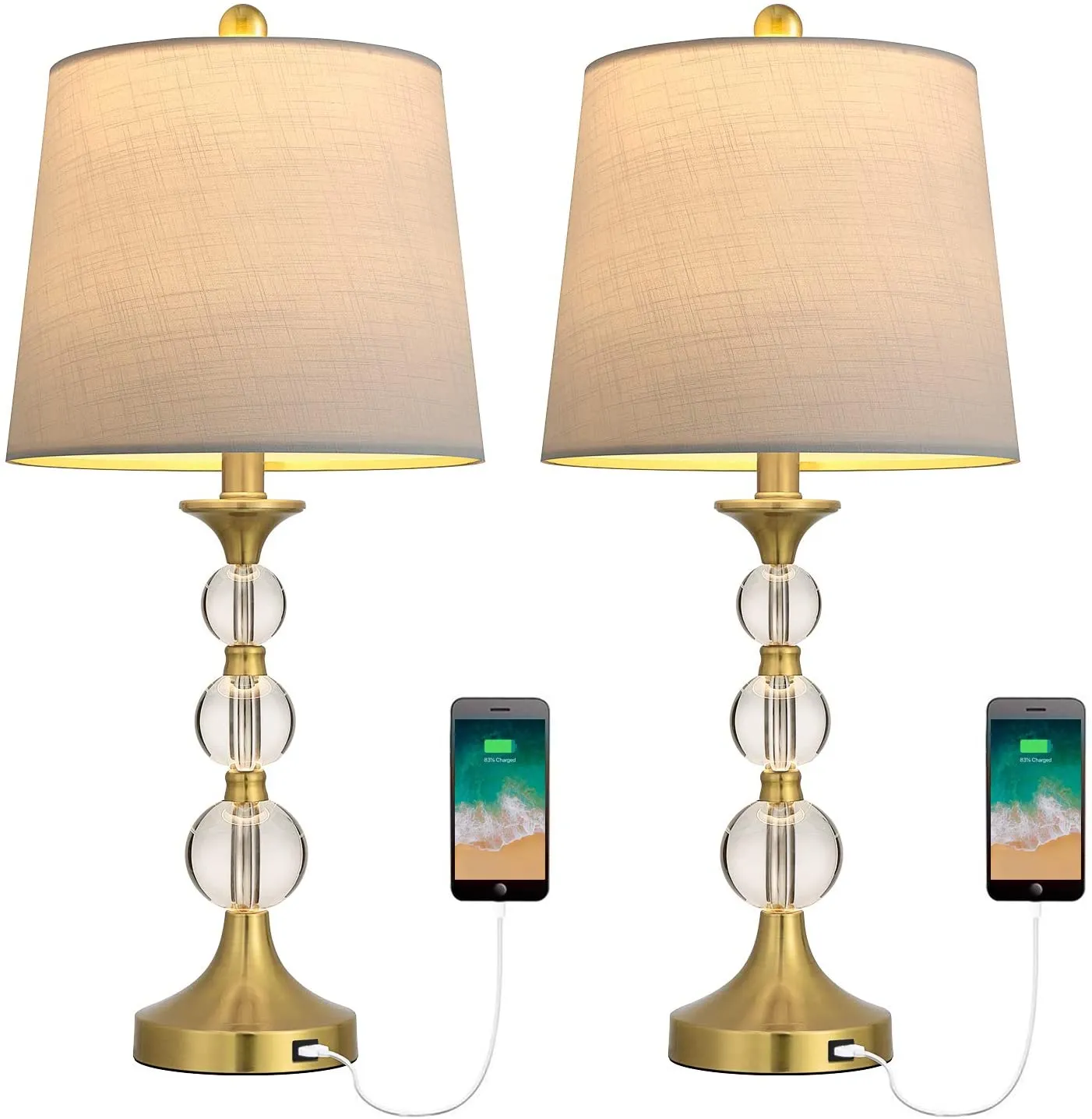 USB Table Lamps Set of 2 Accent Antique Brass
