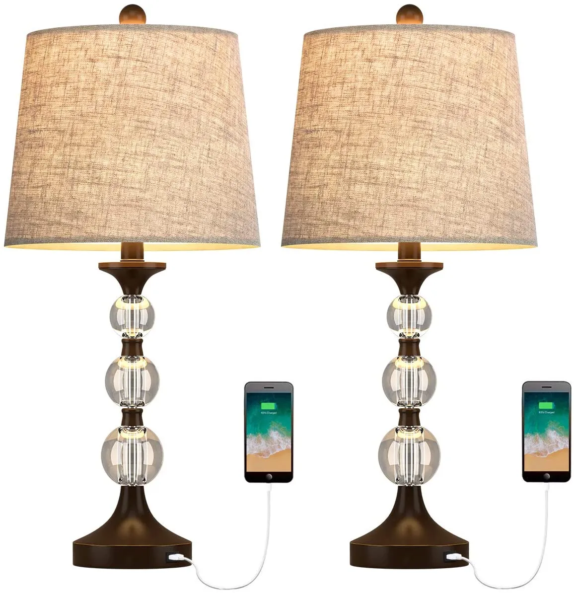 USB Table Lamps Set of 2 Accent Antique Brass