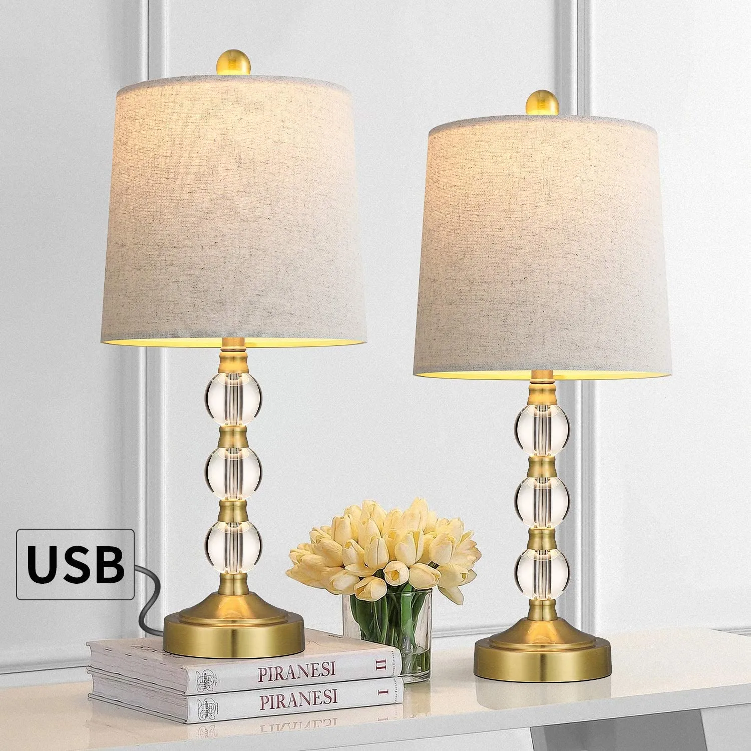 USB Table Lamps Set of 2 Accent Antique Brass