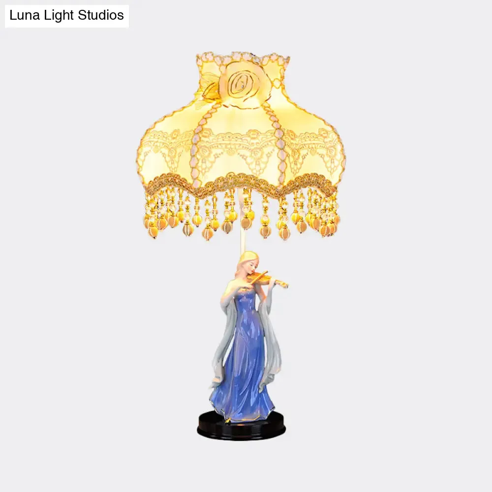 Vintage Beige Night Light with Ceramic Woman Design - Fabric Wave Trim Table Lighting