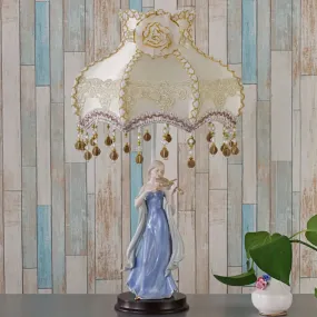 Vintage Beige Night Light with Ceramic Woman Design - Fabric Wave Trim Table Lighting