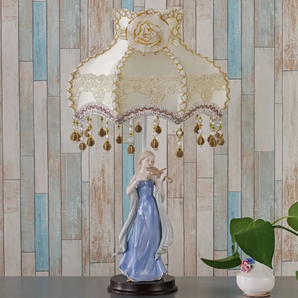Vintage Beige Night Light with Ceramic Woman Design - Fabric Wave Trim Table Lighting