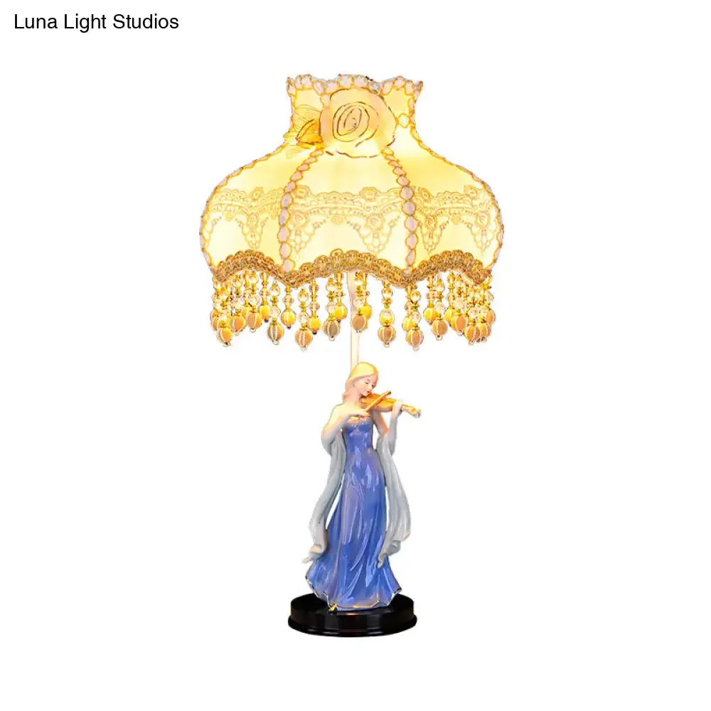 Vintage Beige Night Light with Ceramic Woman Design - Fabric Wave Trim Table Lighting