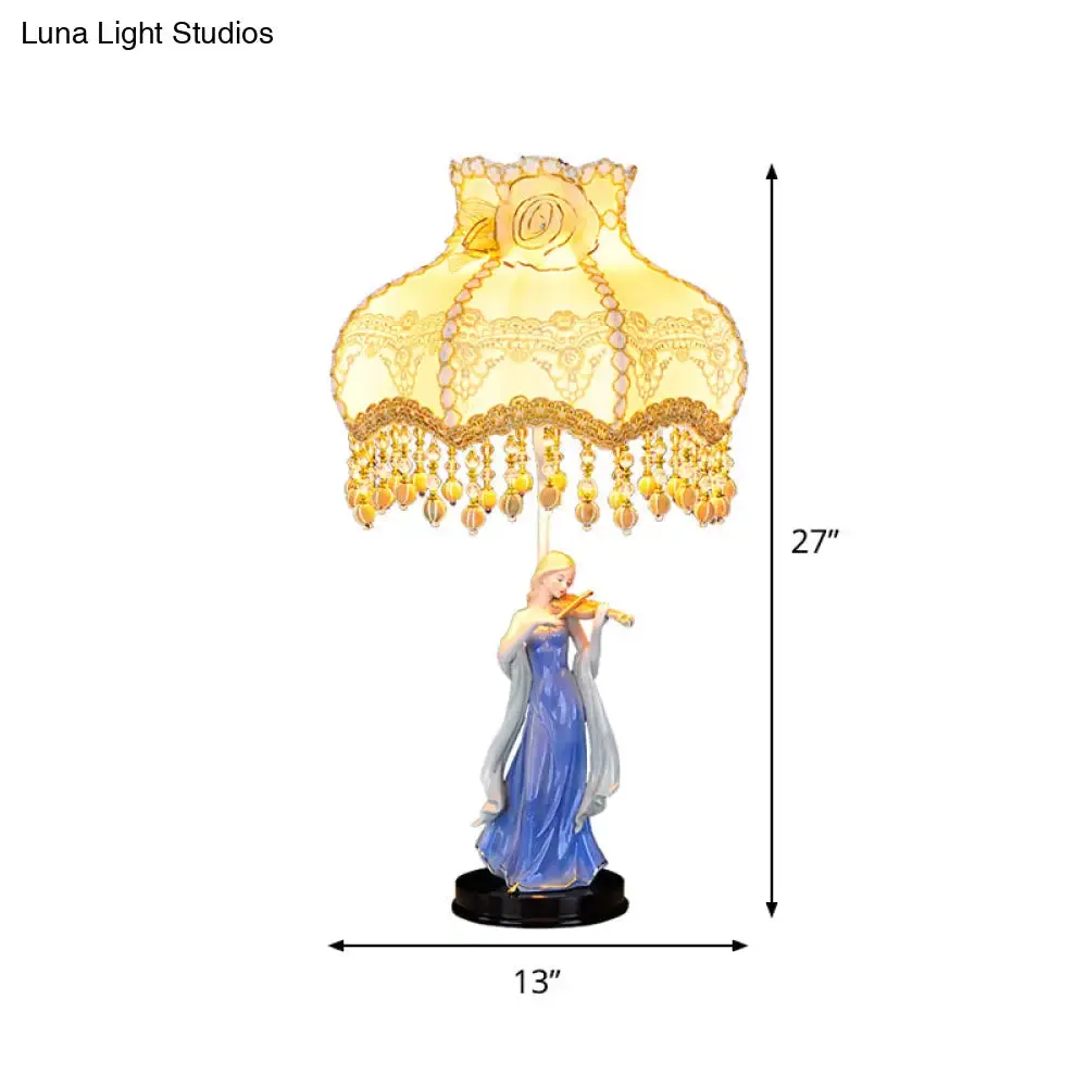 Vintage Beige Night Light with Ceramic Woman Design - Fabric Wave Trim Table Lighting