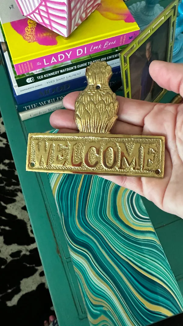 Vintage Brass Welcome Sign with Pineapple