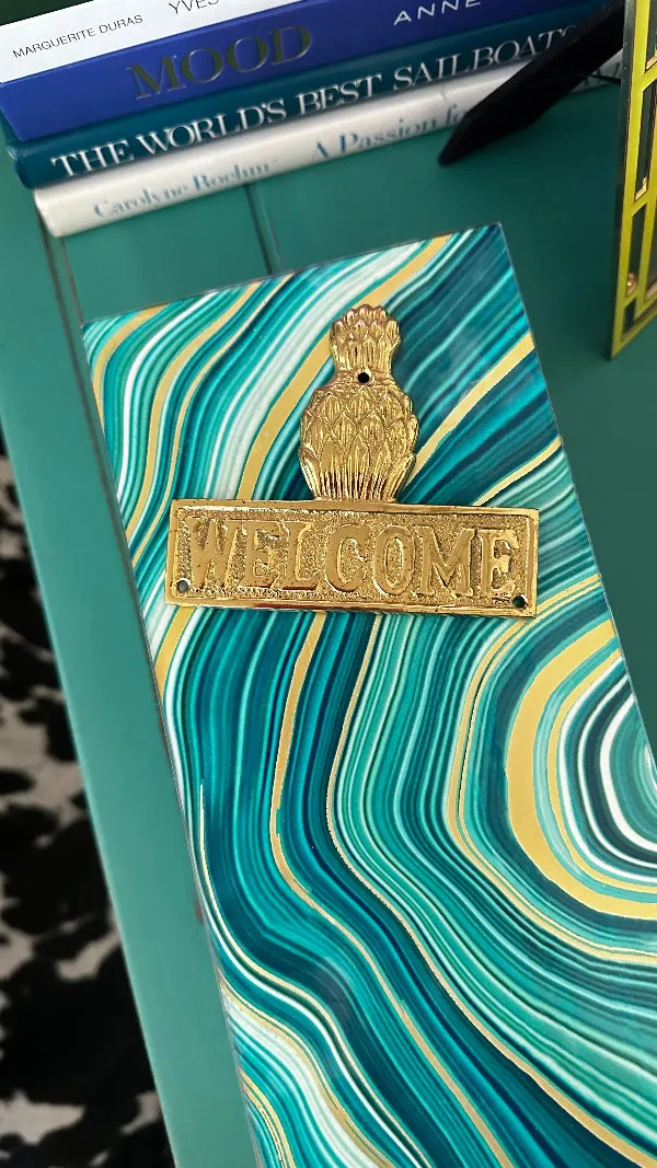 Vintage Brass Welcome Sign with Pineapple