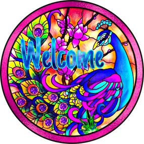 Vinyl Decal, Welcome Sign, Peacock Sign, 10" Round Sign VINYL-DECOE-396, Sign For Wreath, DecoExchange