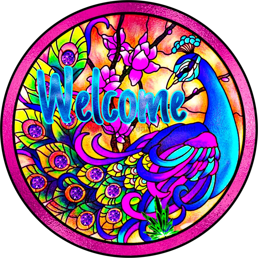 Vinyl Decal, Welcome Sign, Peacock Sign, 10" Round Sign VINYL-DECOE-396, Sign For Wreath, DecoExchange