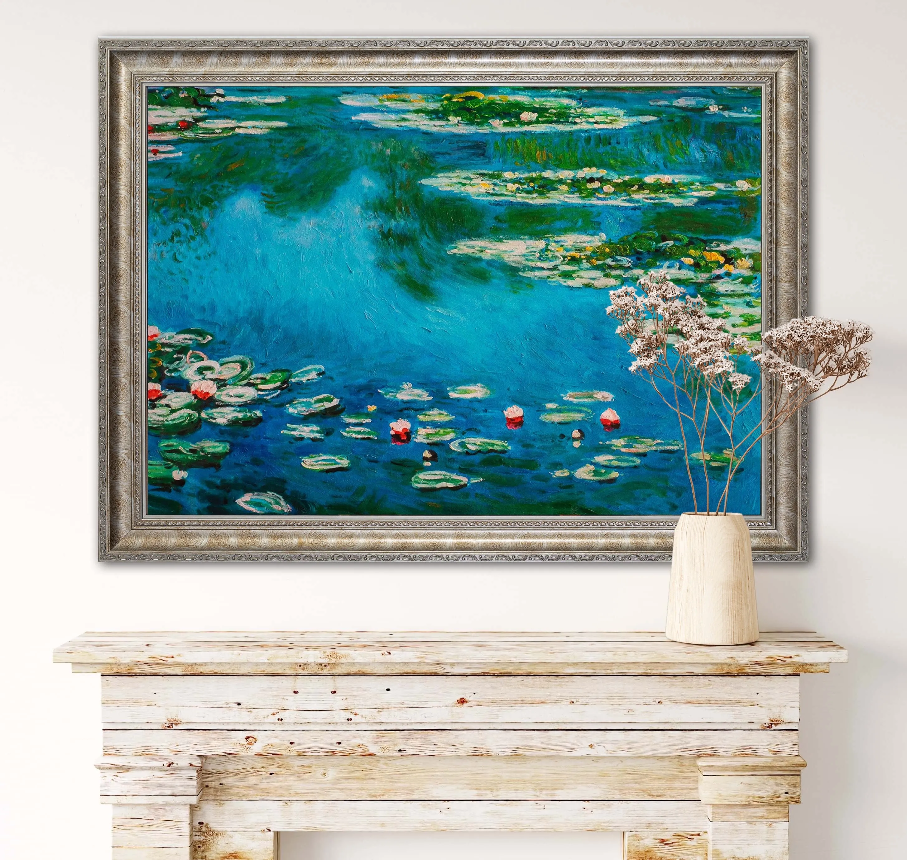 Water Lillies - Painted by Claude Monet - Circa. 1899. Premium Gold & Silver Patinated Frame. Ready to Hang! Stunning Designer Statement! Available in 3 Sizes - Small - Medium & Large.
